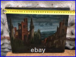 Très Belle Peinture Château Huile Sur Toile XVIIIe Paysage Mer Médiéval Ancien