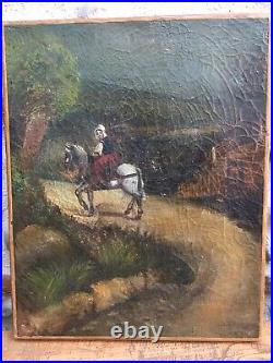 Très Belle Peinture Huile Sur Toile XVIIIe Jeune Fille à Cheval Chemin Forêt