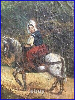 Très Belle Peinture Huile Sur Toile XVIIIe Jeune Fille à Cheval Chemin Forêt