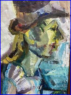 Très Belle Peinture Huile Sur Toile portrait homme au chapeau Cubiste cica 1950