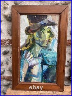 Très Belle Peinture Huile Sur Toile portrait homme au chapeau Cubiste cica 1950
