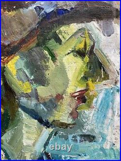 Très Belle Peinture Huile Sur Toile portrait homme au chapeau Cubiste cica 1950