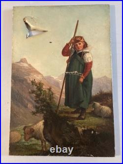 Très Belle Peinture Huile sur Toile Berger Mouton XIXe 1850 Montagne Ancien Art