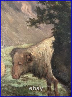 Très Belle Peinture Huile sur Toile Berger Mouton XIXe 1850 Montagne Ancien Art