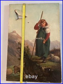 Très Belle Peinture Huile sur Toile Berger Mouton XIXe 1850 Montagne Ancien Art