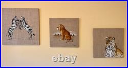Triptyque Tableaux Animaliers Peinture sur Lin Brut (Thème Afrique / Savane)