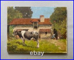 Vache devant une ferme, tableau ancien, peinture, signature à identifier, XXe