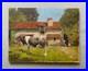Vache devant une ferme, tableau ancien, peinture, signature à identifier, XXe