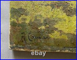 Vache devant une ferme, tableau ancien, peinture, signature à identifier, XXe