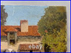 Vache devant une ferme, tableau ancien, peinture, signature à identifier, XXe