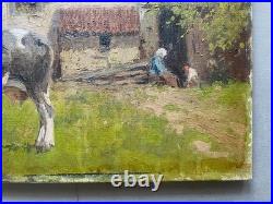 Vache devant une ferme, tableau ancien, peinture, signature à identifier, XXe