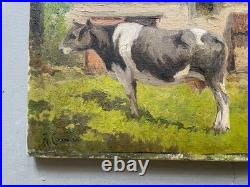 Vache devant une ferme, tableau ancien, peinture, signature à identifier, XXe