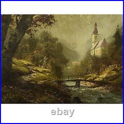 Vers 1900-1950 Peinture ancienne à l'huile sur toile paysage avec église 83x73cm