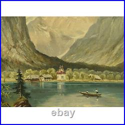 Vers 1930-1950 Peinture ancienne à l'huile Koenigssee et chapelle 93x73 cm