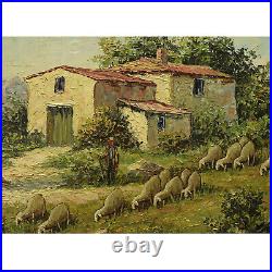 Vers 1930-1950 Peinture ancienne à l'huile Paysage du sud avec ferme 58x48 cm