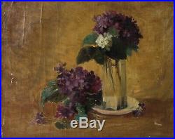 Vintage Antique Oil Painting Flowers on Canvas Peinture Still Life Lilac