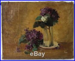 Vintage Antique Oil Painting Flowers on Canvas Peinture Still Life Lilac