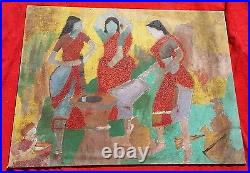Vintage Beau Huile Peinture De Tribal Femmes Doing Travail Sur Camel Toile Board