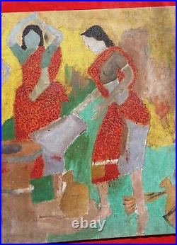 Vintage Beau Huile Peinture De Tribal Femmes Doing Travail Sur Camel Toile Board