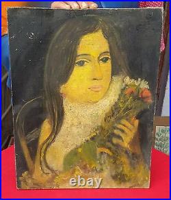 Vintage Fait à la Main Beau Femme Peinture sur Toile'Holding' Fleurs CB525