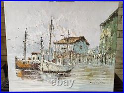 William Jones Huile sur Toile vintage Bateaux au mouillage