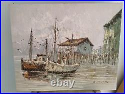 William Jones Huile sur Toile vintage Bateaux au mouillage