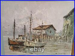 William Jones Huile sur Toile vintage Bateaux au mouillage