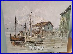 William Jones Huile sur Toile vintage Bateaux au mouillage