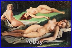 XXe Les Trois Grâces Nue Féminin Huile Toile Signée 80x60 1920 1930 Art Déco ART