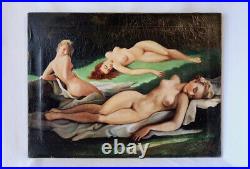 XXe Les Trois Grâces Nue Féminin Huile Toile Signée 80x60 1920 1930 Art Déco ART
