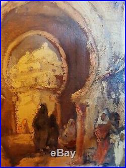 Yvonne Thivet (1888 -1972) peinture huile Orientaliste Arabes près du porche